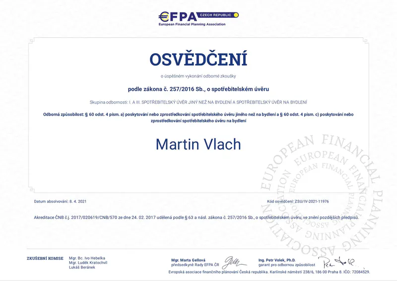 Certifikát - Spotřebitelský úvěr